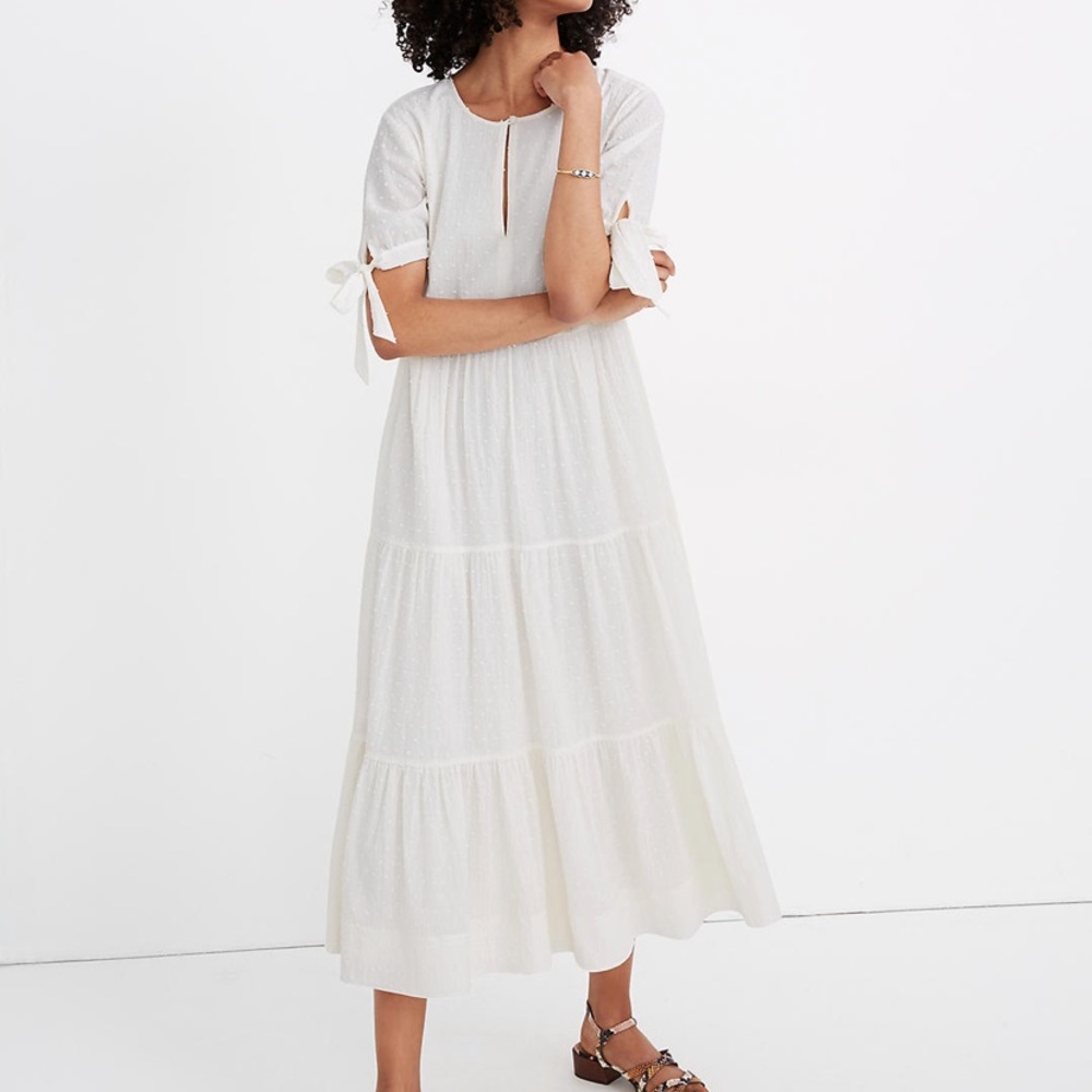 Madewell Tie-sleeve Swiss Dot Midi Dress | M